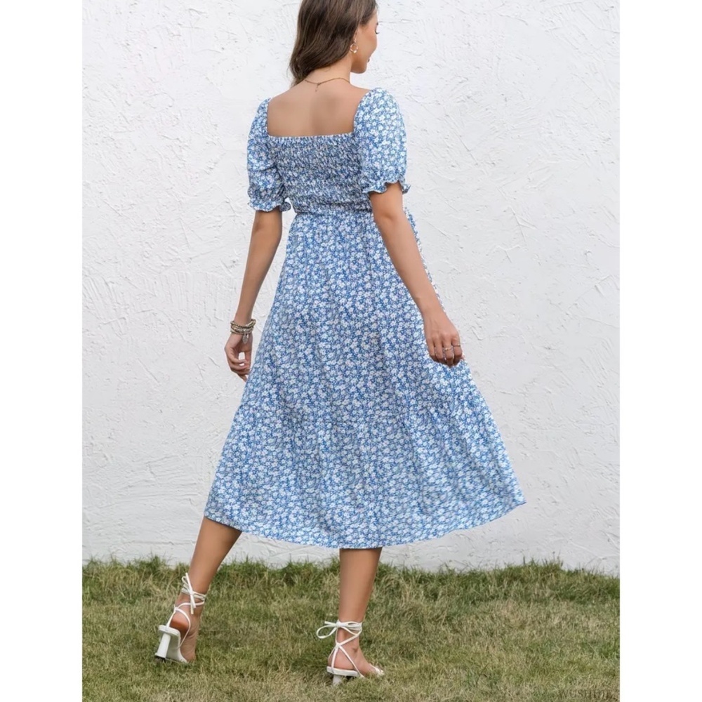 Boutique Maternity Light Blue & White Floral Short Sleeve Smocked Midi Dress M - Picture 2 of 5